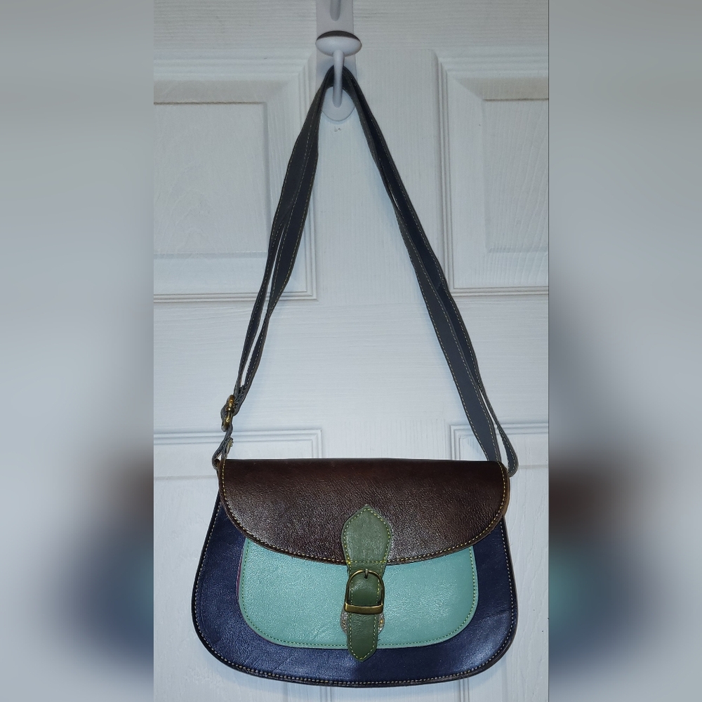 Fairtrade Recycled Leather Saddle Bag Navy, Green, Brown Crossbody